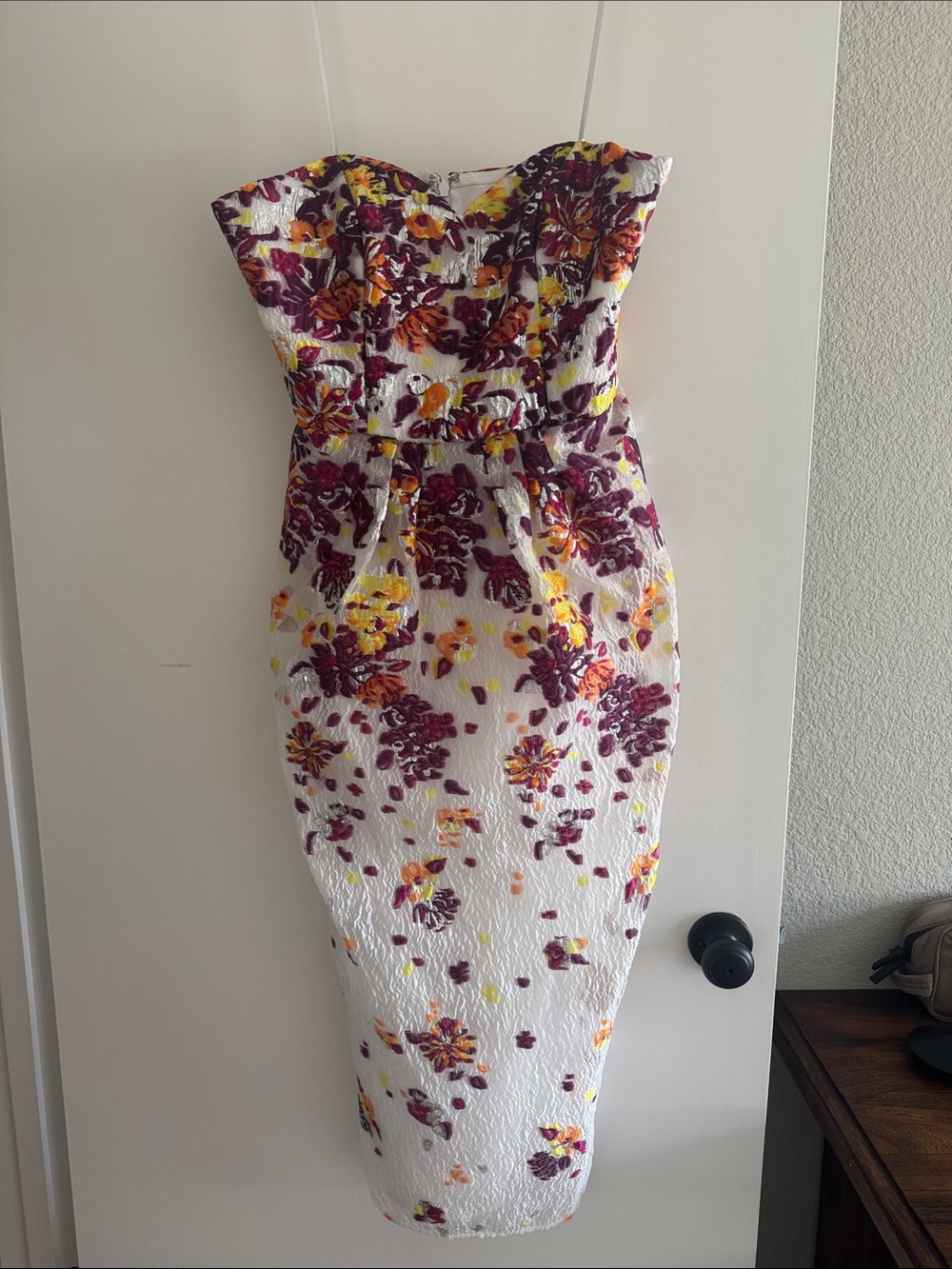 Marchesa Notte Strapless Sweetheart Floral Gown in White, Burgundy & Yellow